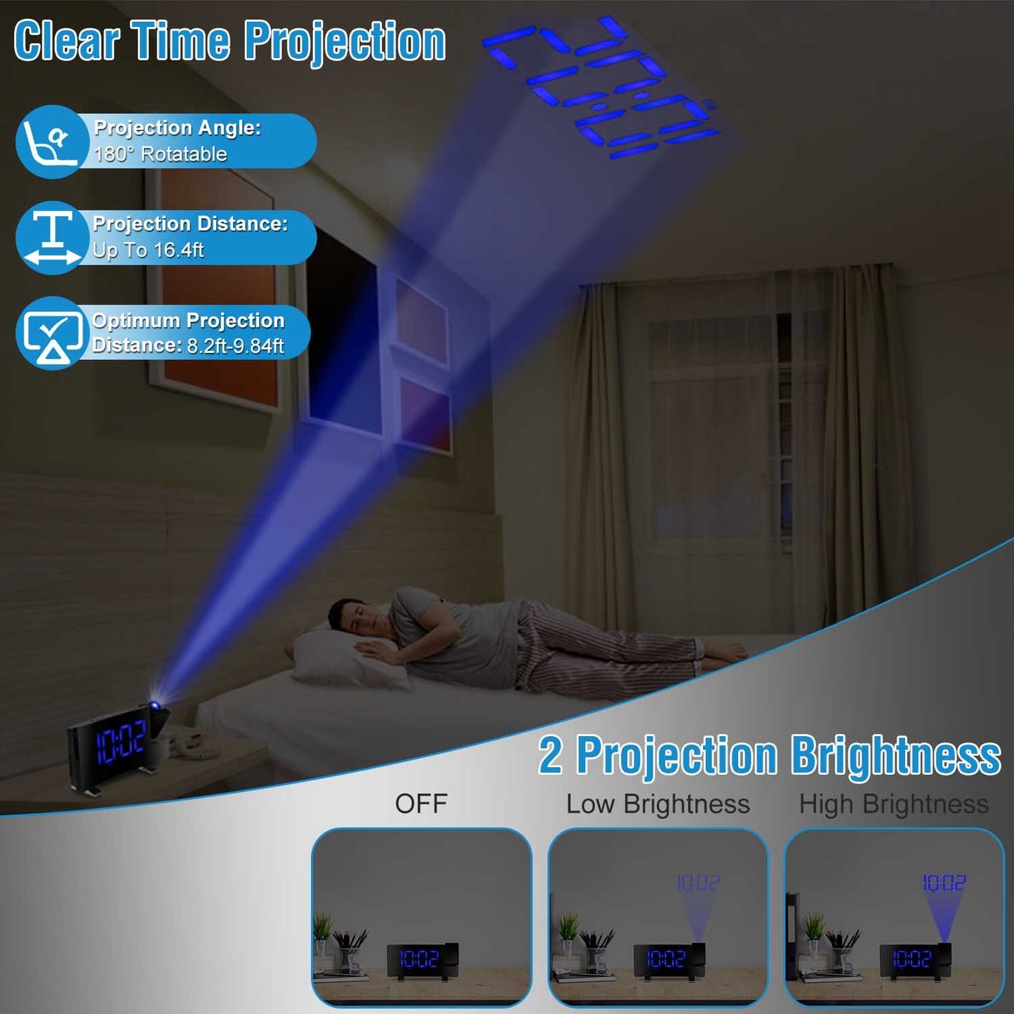 Dual-180° Rotating Projection Alarm Clock with Radio