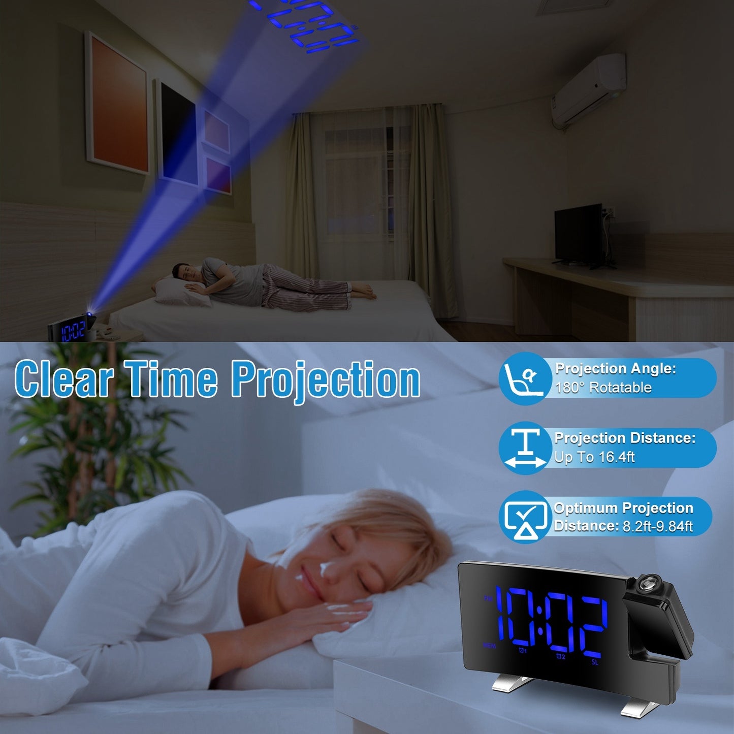 Dual-180° Rotating Projection Alarm Clock with Radio