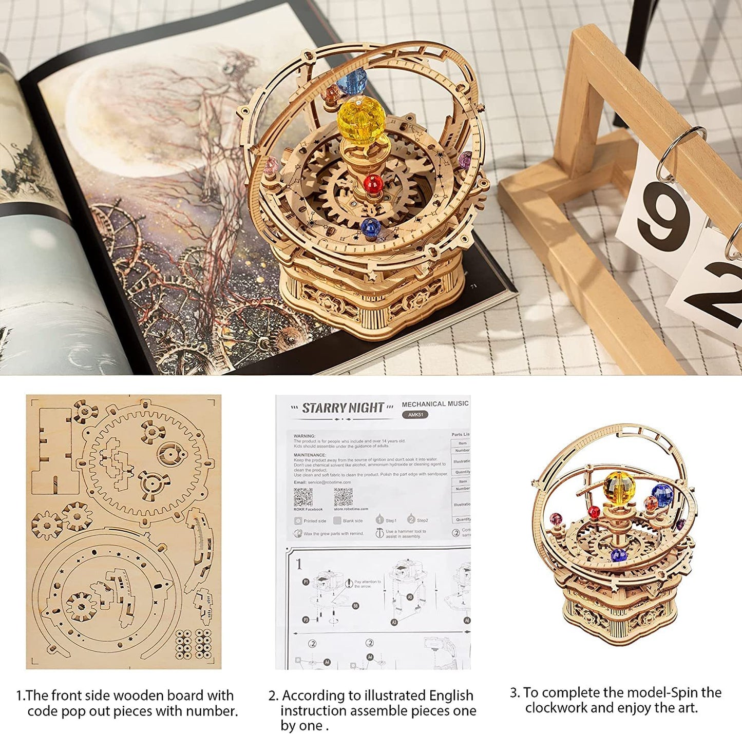 ROKR Rotating Starry Night 3D Wooden Music Box Puzzle Kit