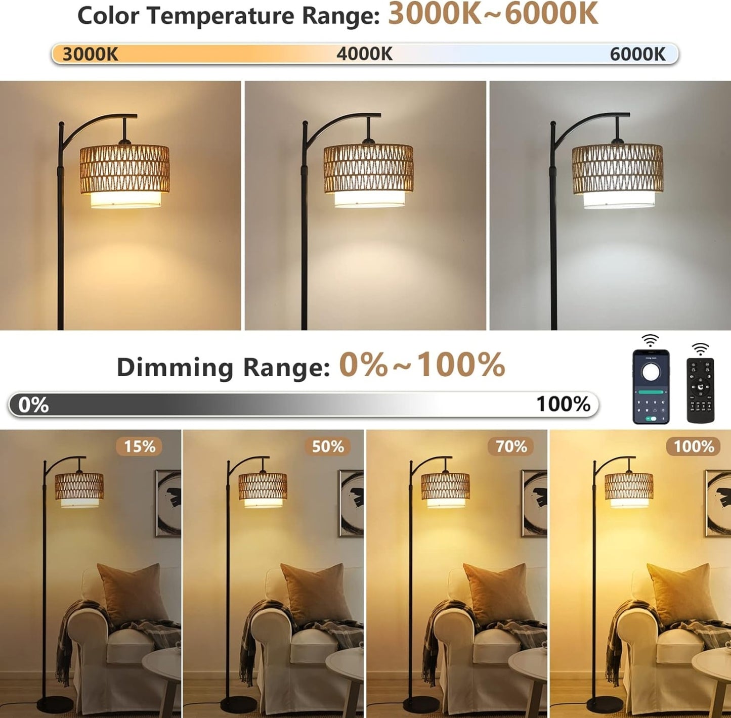 Remote Control Floor Lamp,  with 3 Color Modes – Adjustable Warm & Cool Light