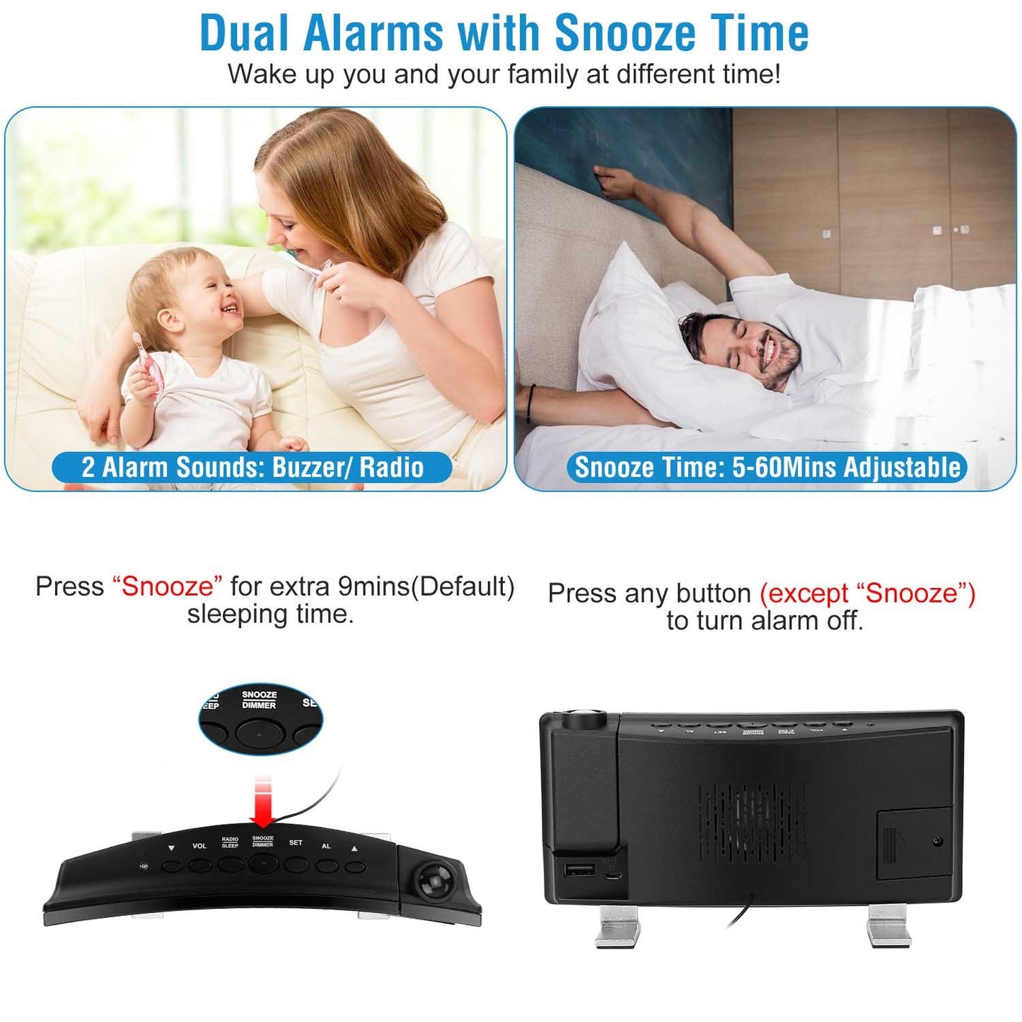 Dual-180° Rotating Projection Alarm Clock with Radio